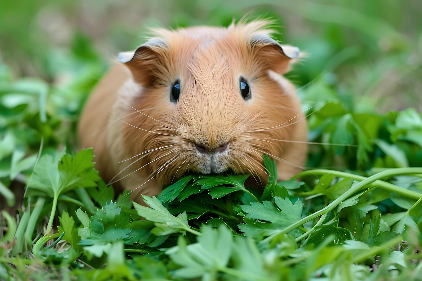 Adorable Red Guinea Pig Eating Fresh Parsley in Garden photo