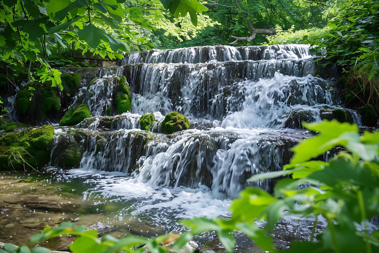Serene Cascading Waterfall, Lush Greenery, Mossy Rocks, Nature photo