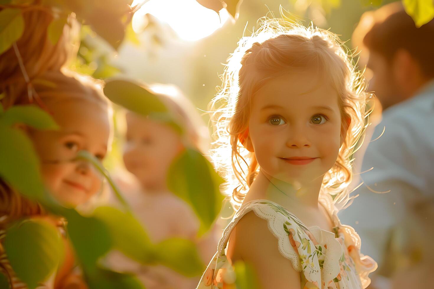 Golden Hour Sunlight Family Portrait Happy Children Outdoors photo