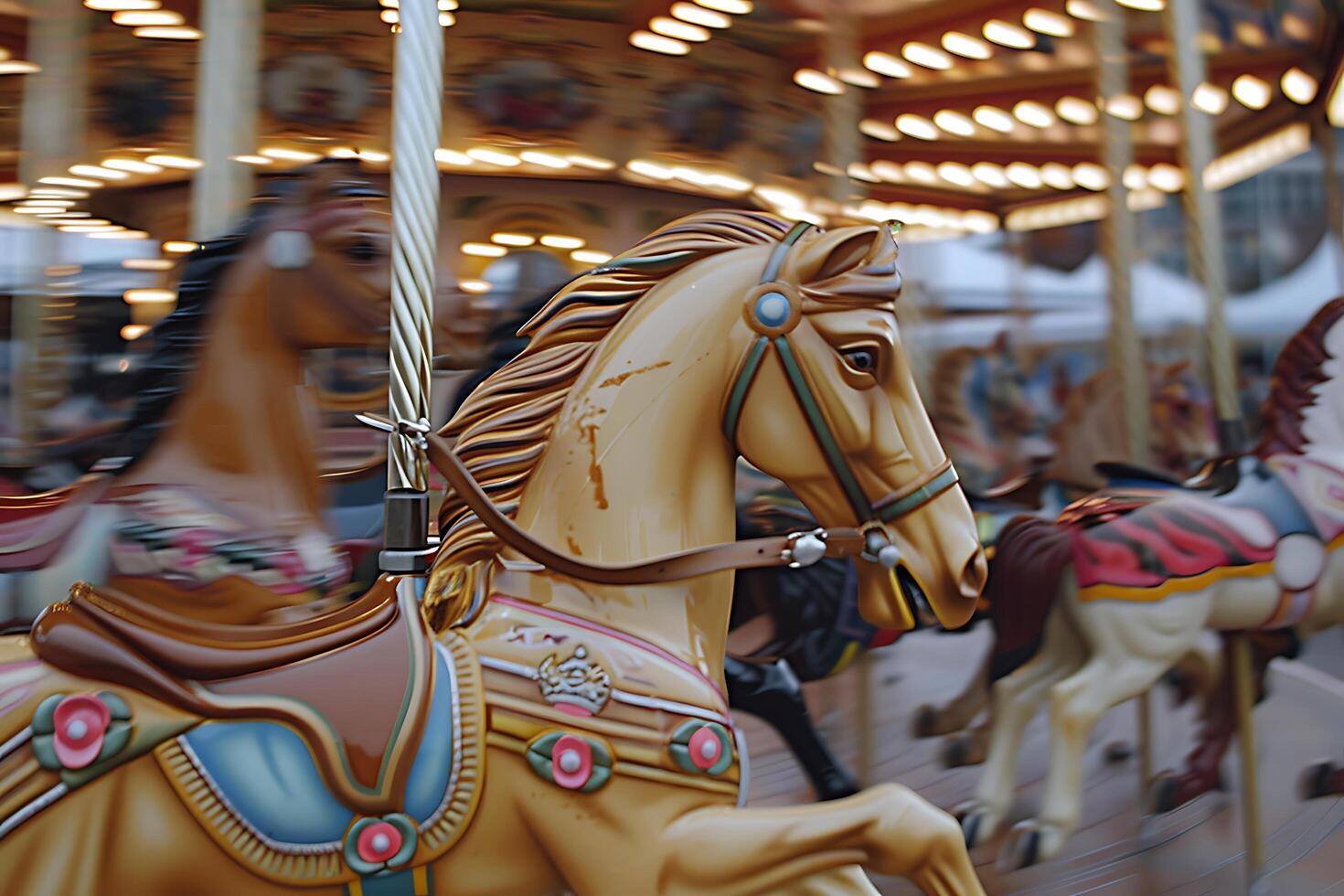 Carousel Horse Rotating, Festive Lights, Classic Fairground Ride photo