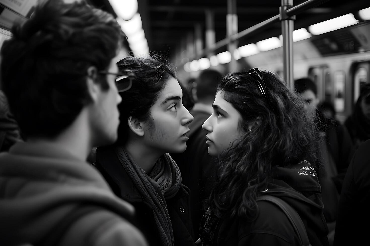 Subway Encounter Two Womens Intense Gaze, Black and White Photo