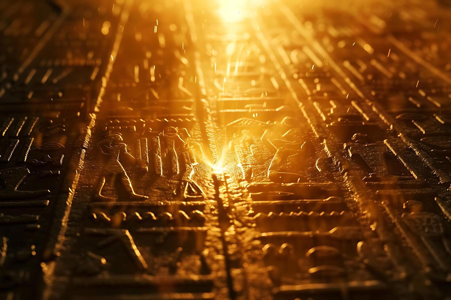 Ancient Egyptian Hieroglyphs Illuminated Golden Sunset Dust Particles photo