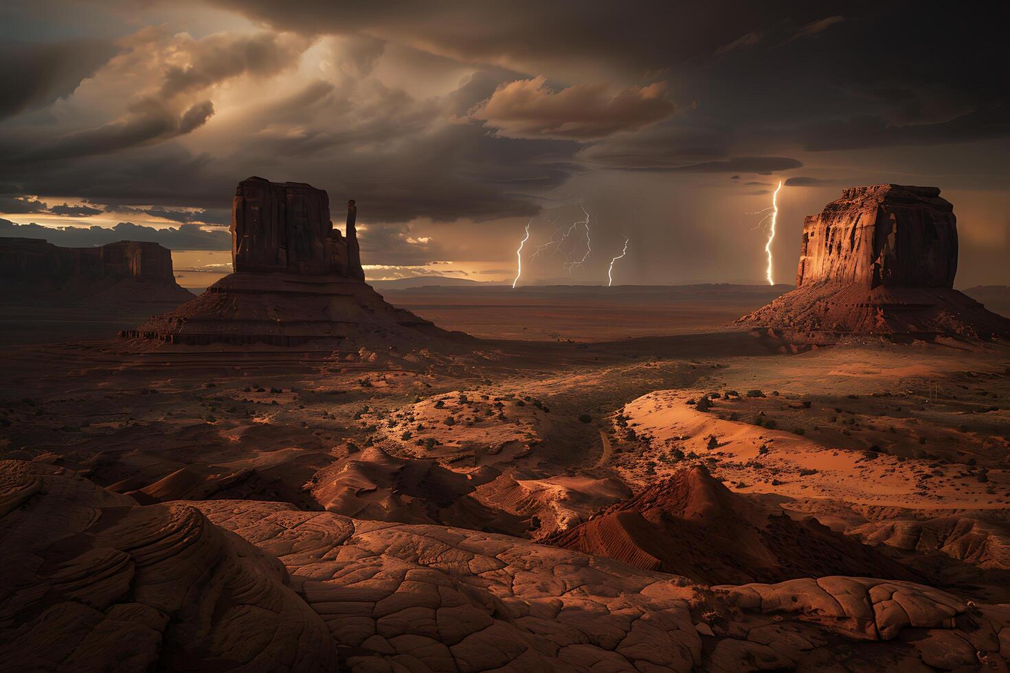 Monument Valley Sunset Storm Dramatic Lightning Strikes Red Rocks photo