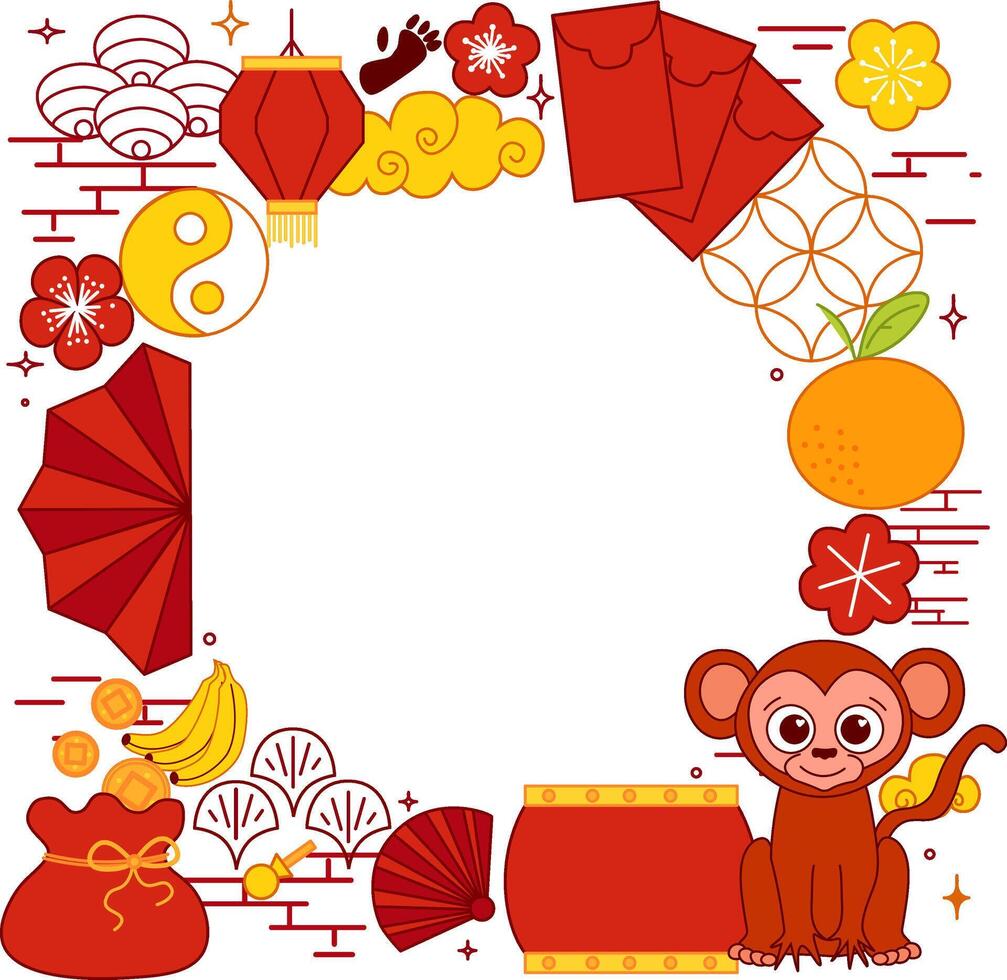 CNY 2028 monkey lunar lantern festival circle round frame. graphic line illustration template vector