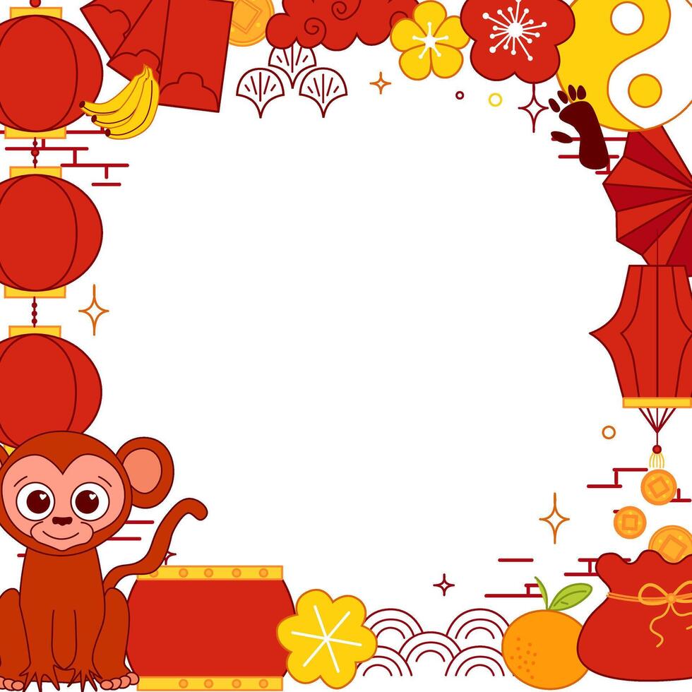 2028 Chinese new year Year of Monkey square frame. graphic line illustration template vector