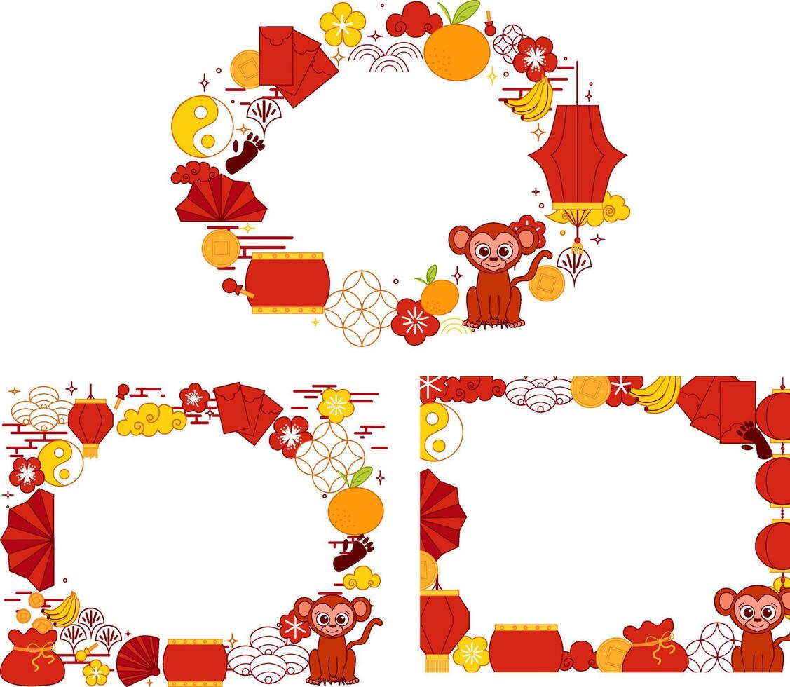 2028 CNY Monkey zodiac theme oval frames set templates, layouts including web banner and social media posts. Cute and bold art style. graphic line vector