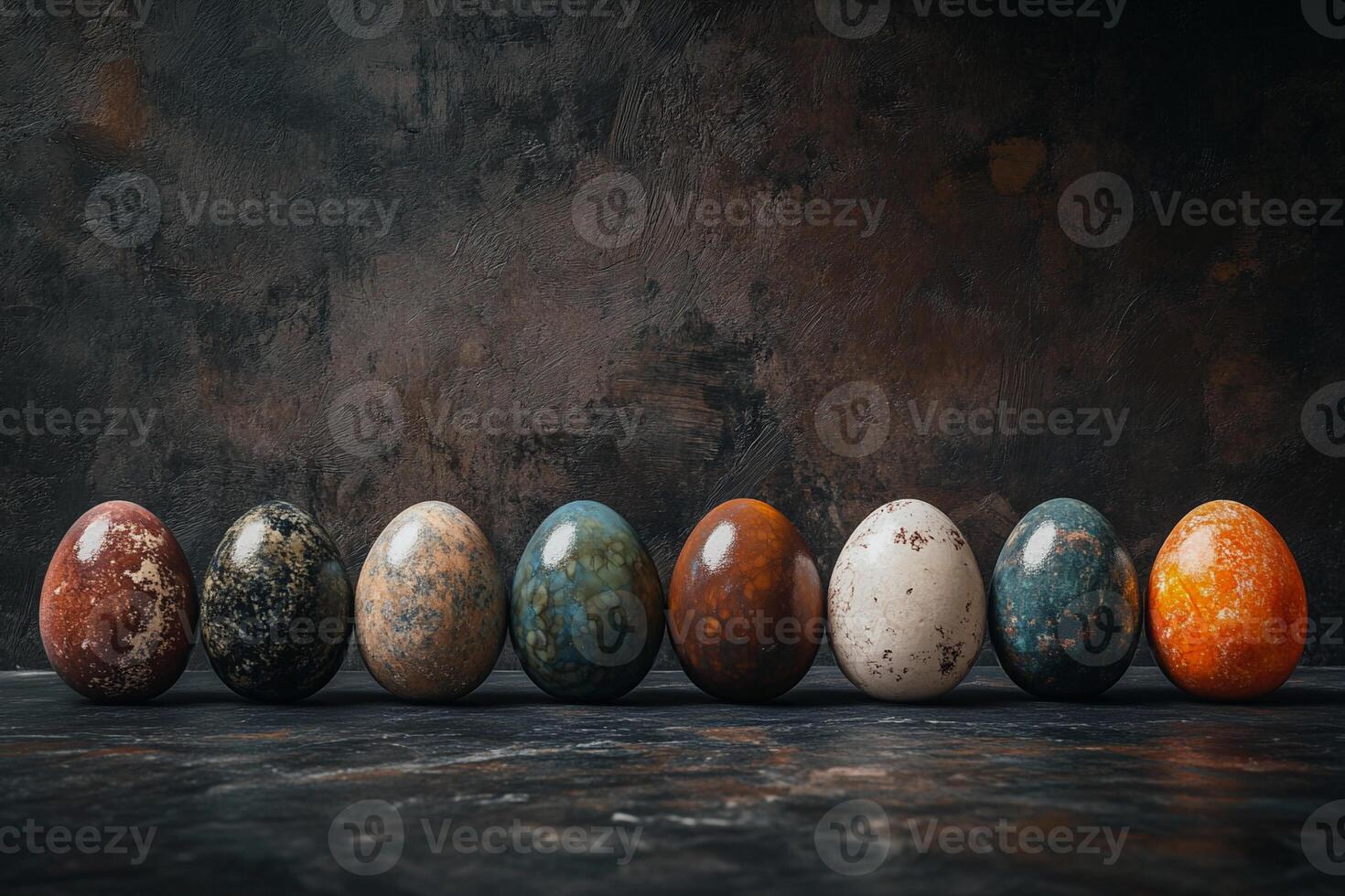 A mesmerizing display of metallic-painted Easter eggs with deep blue, red, and gold hues. The dramatic lighting and rich textures evoke a sense of luxury, mystery, and artistic refinement. photo