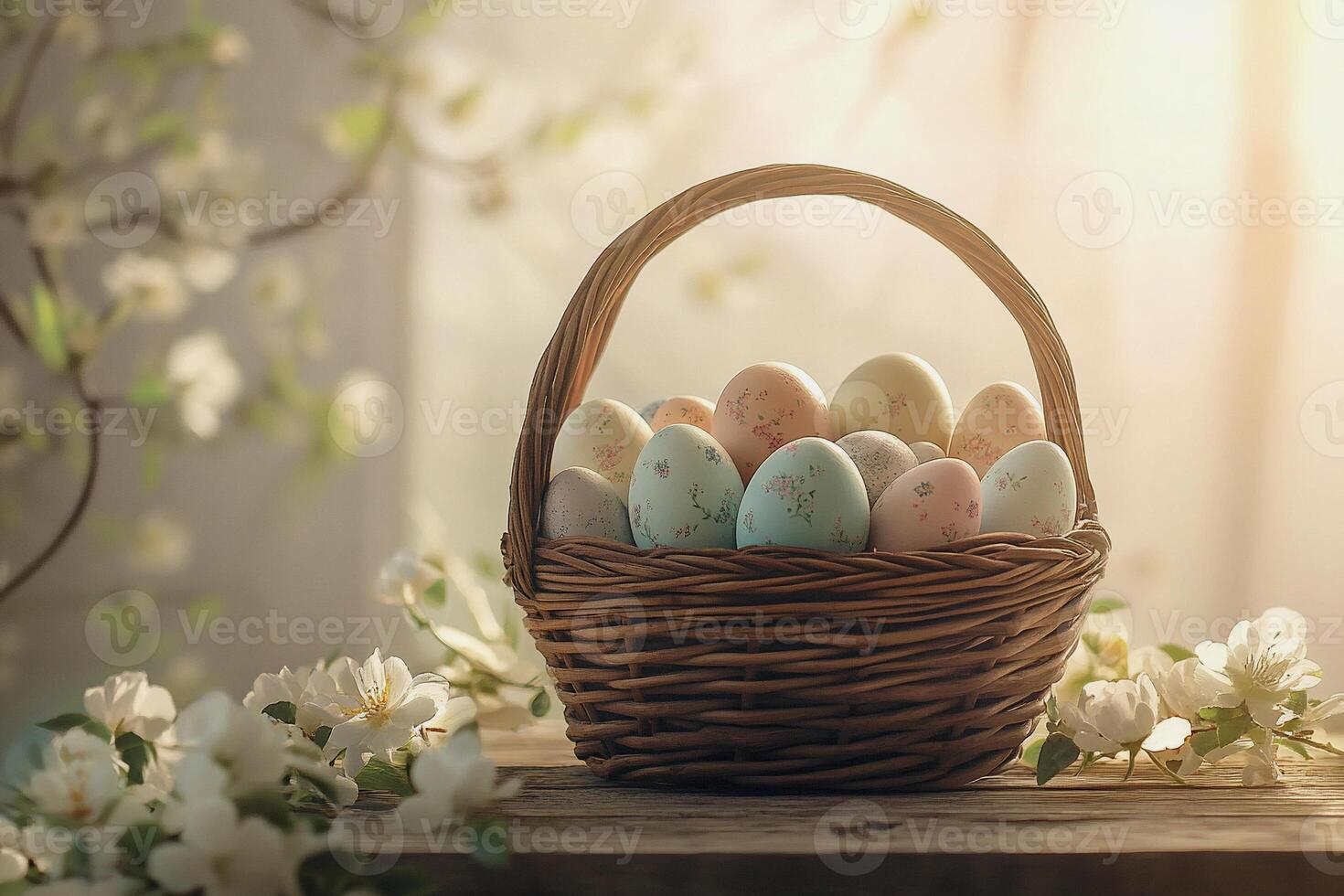 A gentle Easter composition with speckled eggs surrounded by wildflowers and textured fabric. The soft lighting enhances the organic elements, creating a timeless and rustic holiday scene photo