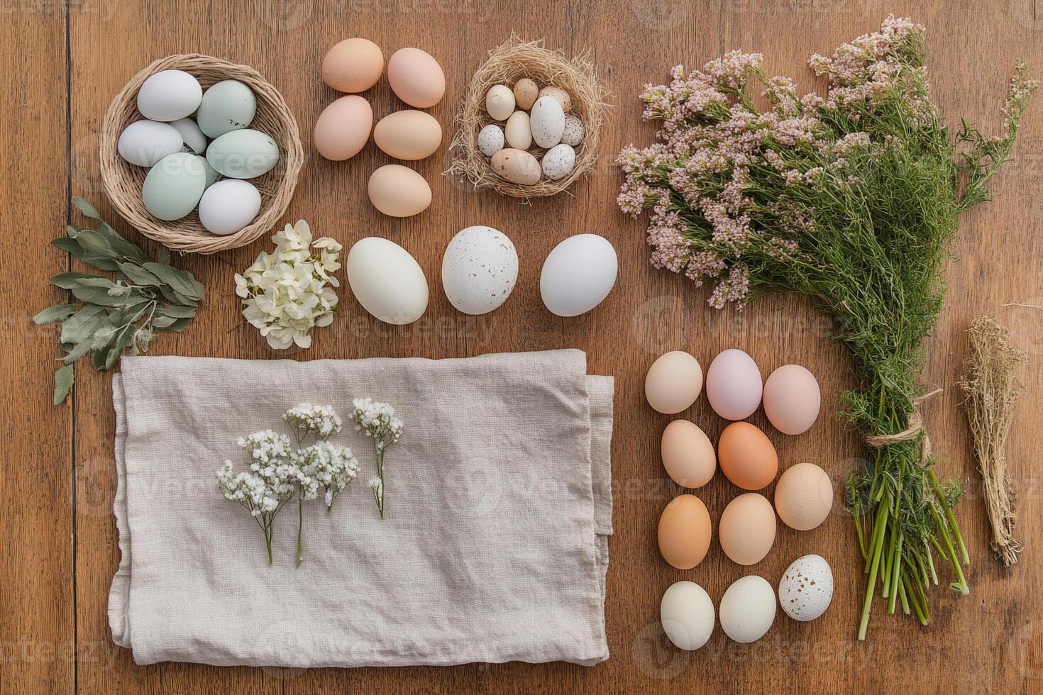 A rustic Easter arrangement featuring pastel eggs on a wooden surface with soft linen and delicate flowers. The warm tones and natural textures create a peaceful and nostalgic spring atmosphere photo