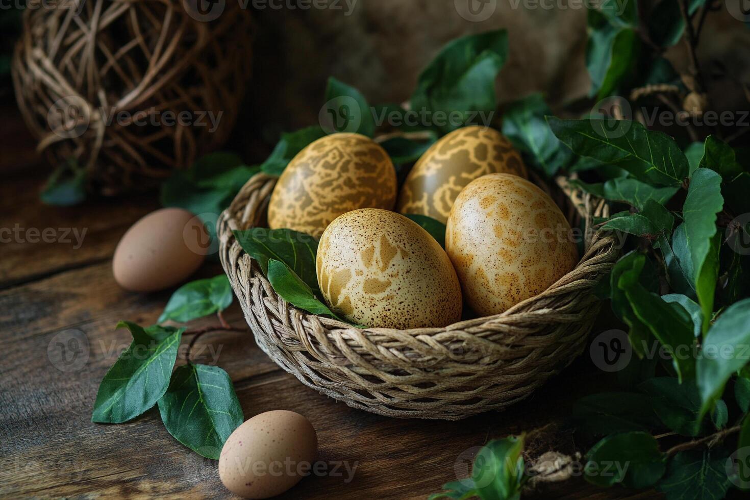 Delicate Easter decor with soft pink eggs and golden accents. Stylish festive table setting, minimalist seasonal arrangement, elegant spring styling, modern holiday design. photo