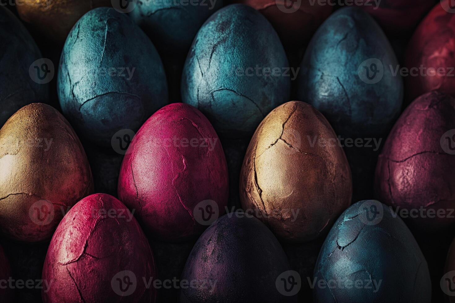 A unique artistic shot of Easter eggs with metallic and marbled patterns, featuring deep gold, blue, and purple shades. The moody lighting enhances the rich textures photo
