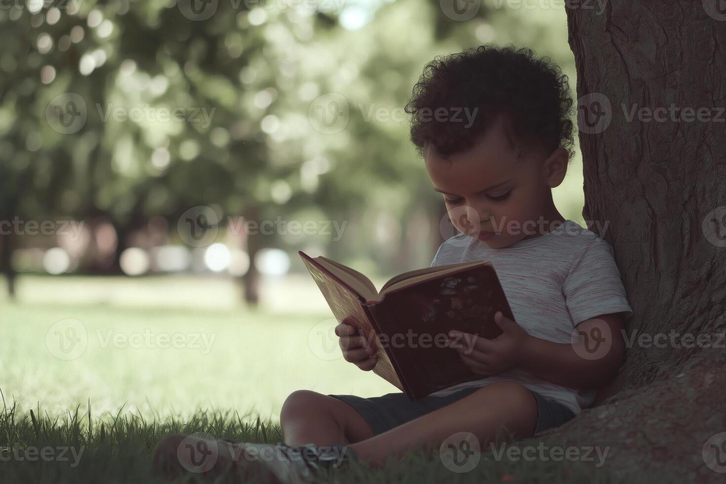 Young Child Reading Under Tree in Park Embracing Joy of Reading and Nature photo
