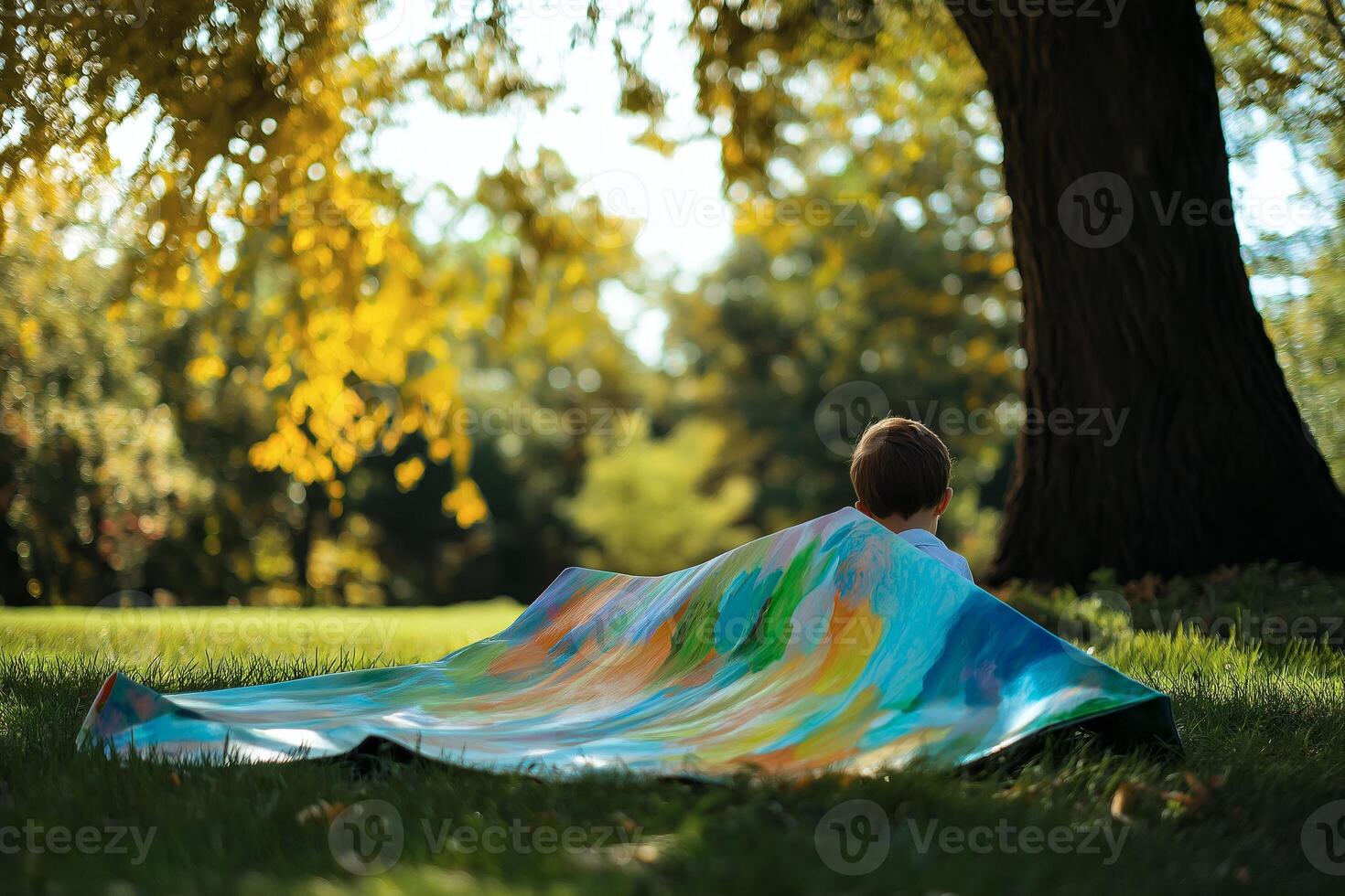 A child sitting on a blanket in the grass photo