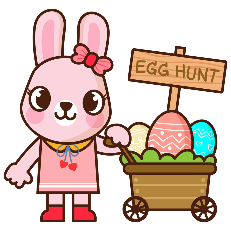 Cute Cartoon pink Bunny with Egg Hunt Basket png
