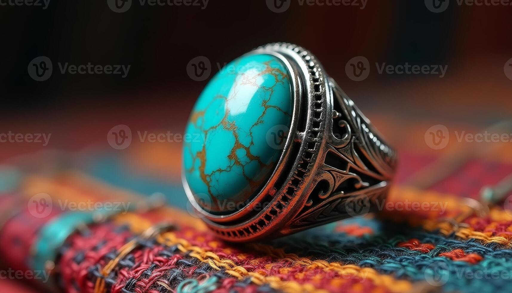 Elegant turquoise ring resting on vibrant woven textile masterpiece photo