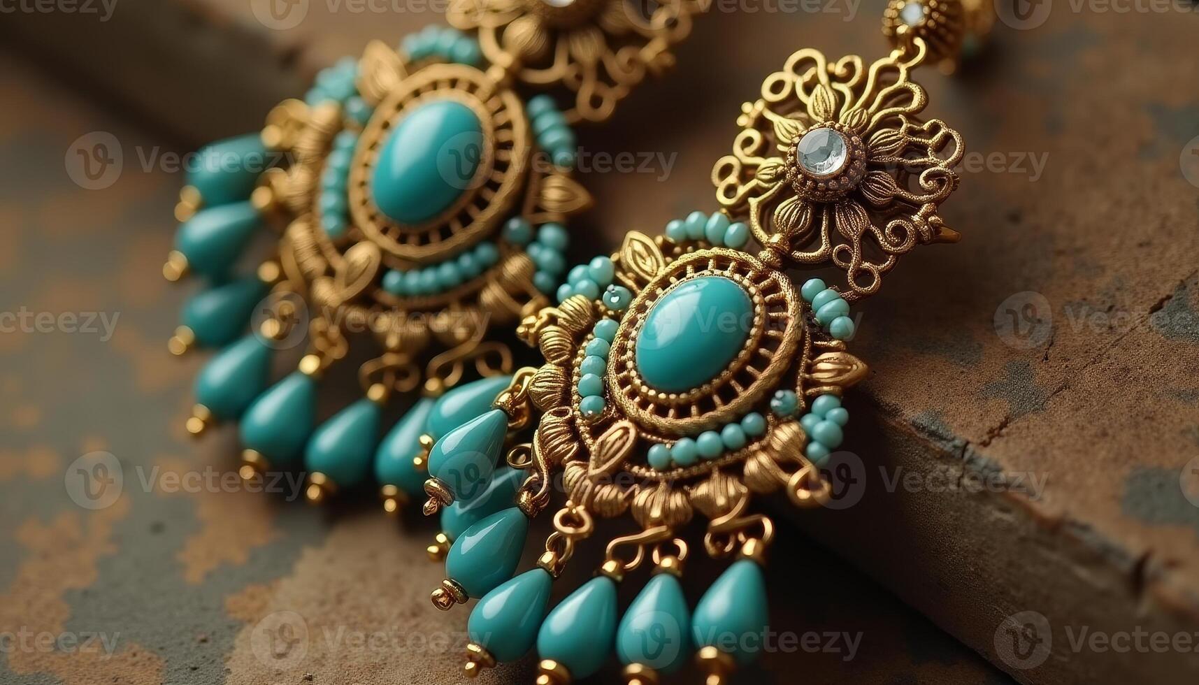 Handcrafted earrings with turquoise stones and intricate design photo