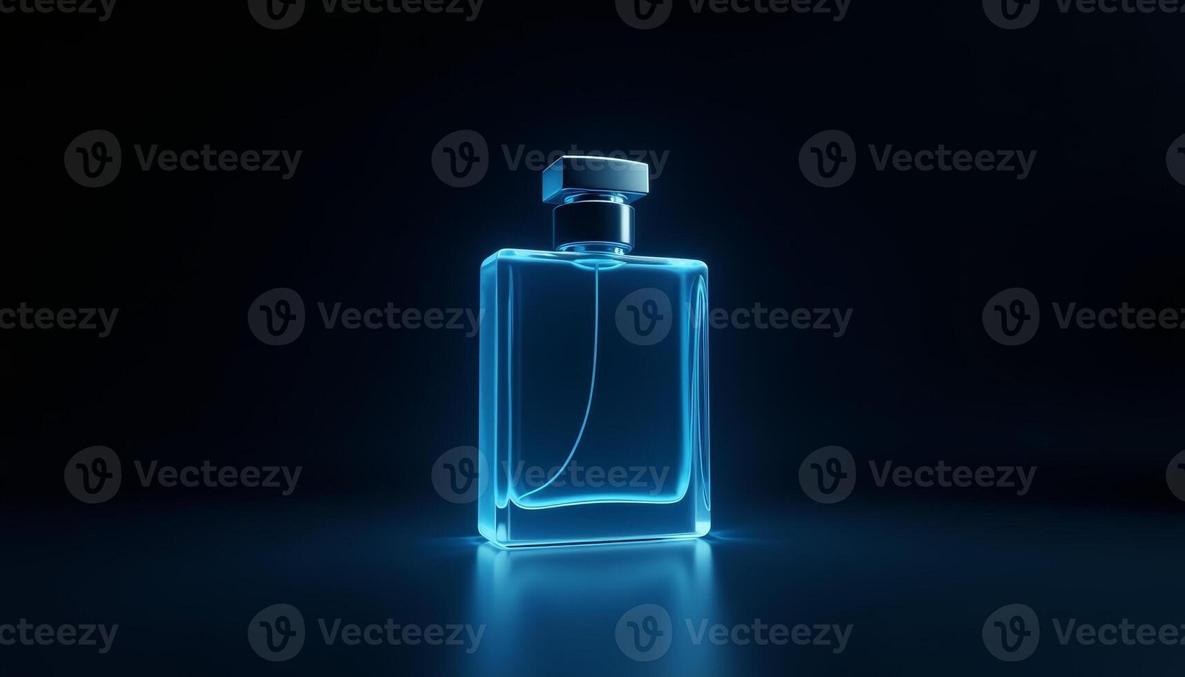 Elegant glass perfume bottle illuminated in soft blue light on dark surface photo
