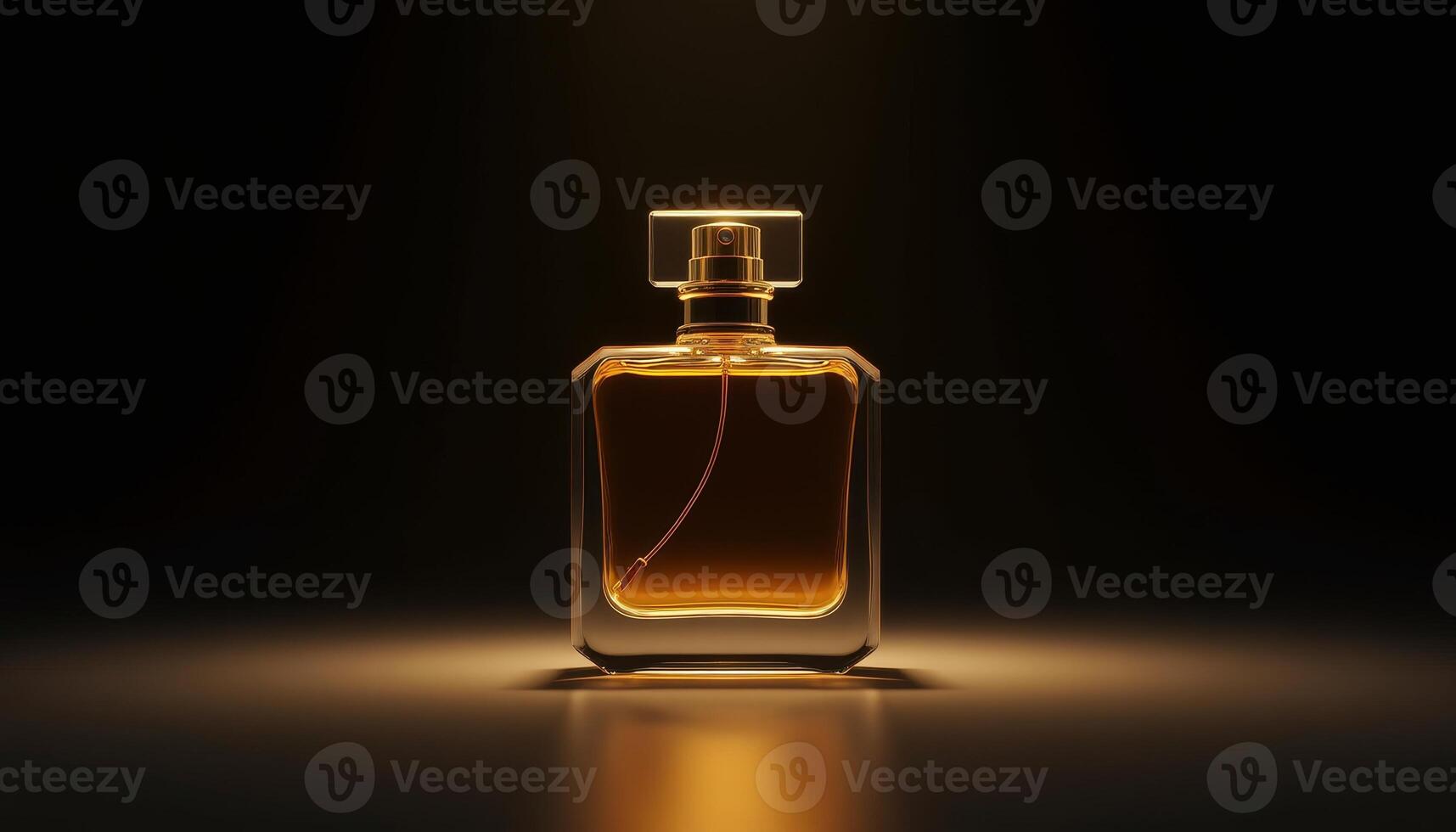 Captivating perfume bottle illuminated with soft golden light in a dark setting photo
