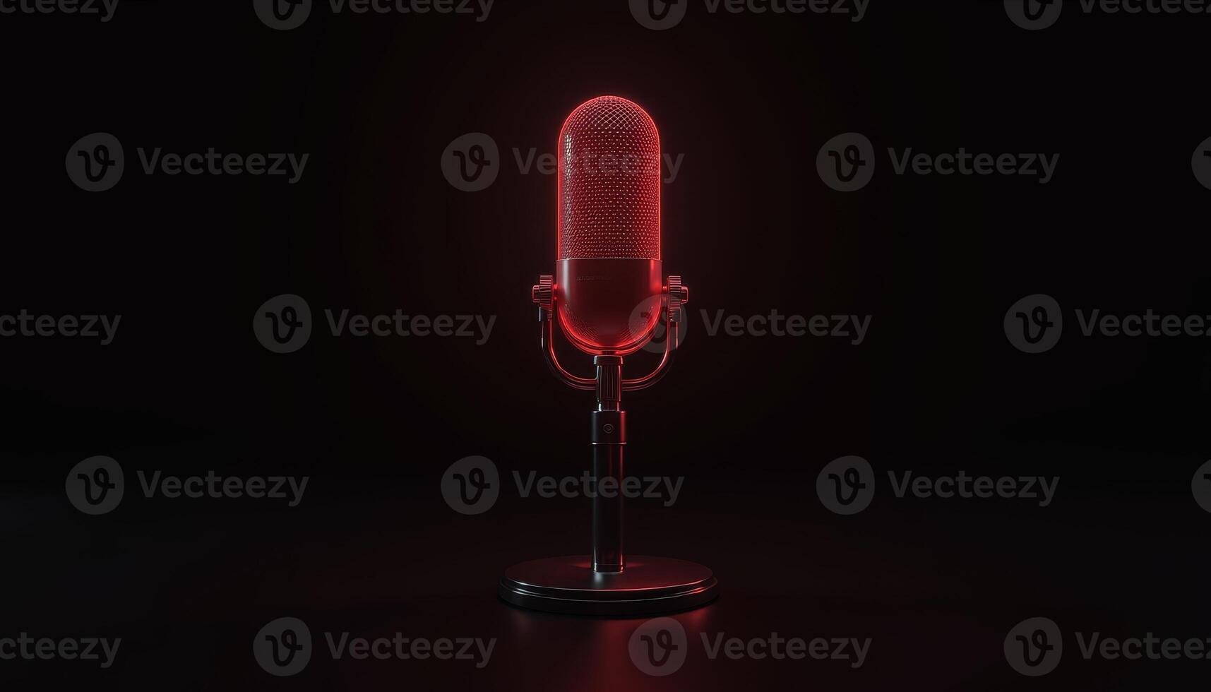Stylish vintage microphone glowing with red light against dark background photo