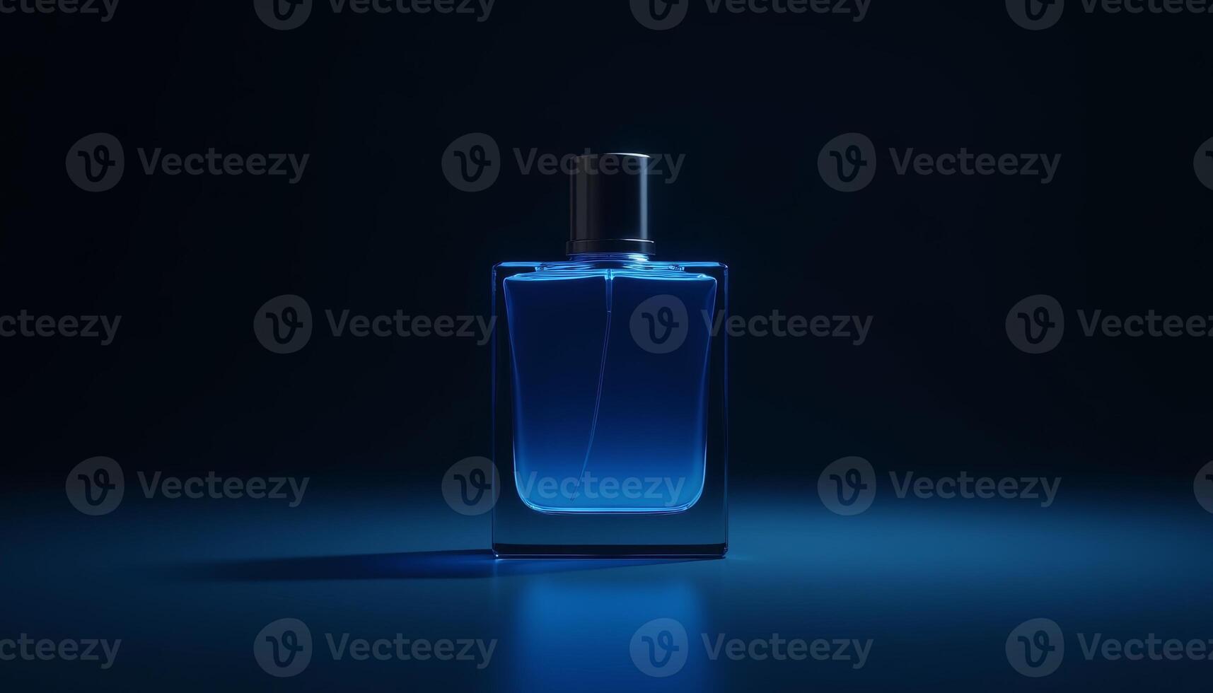 Elegant blue fragrance bottle illuminated by soft light in dark setting photo