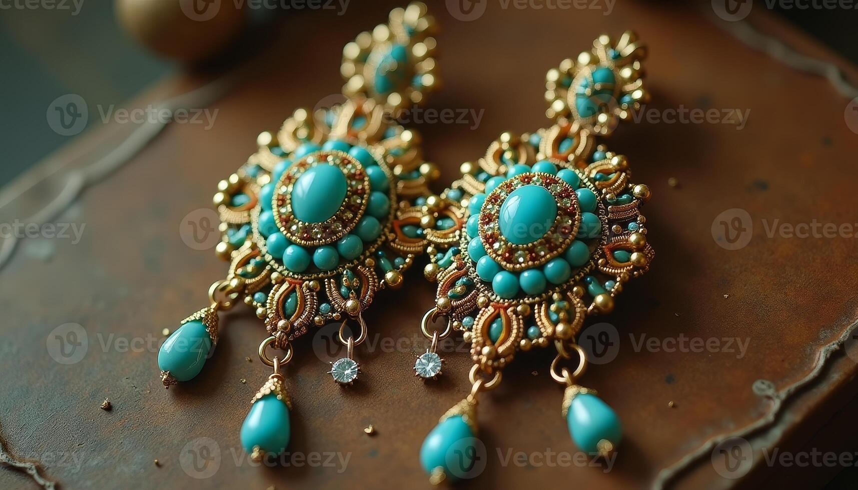 Intricate turquoise earrings with elegant golden detailing and gems photo