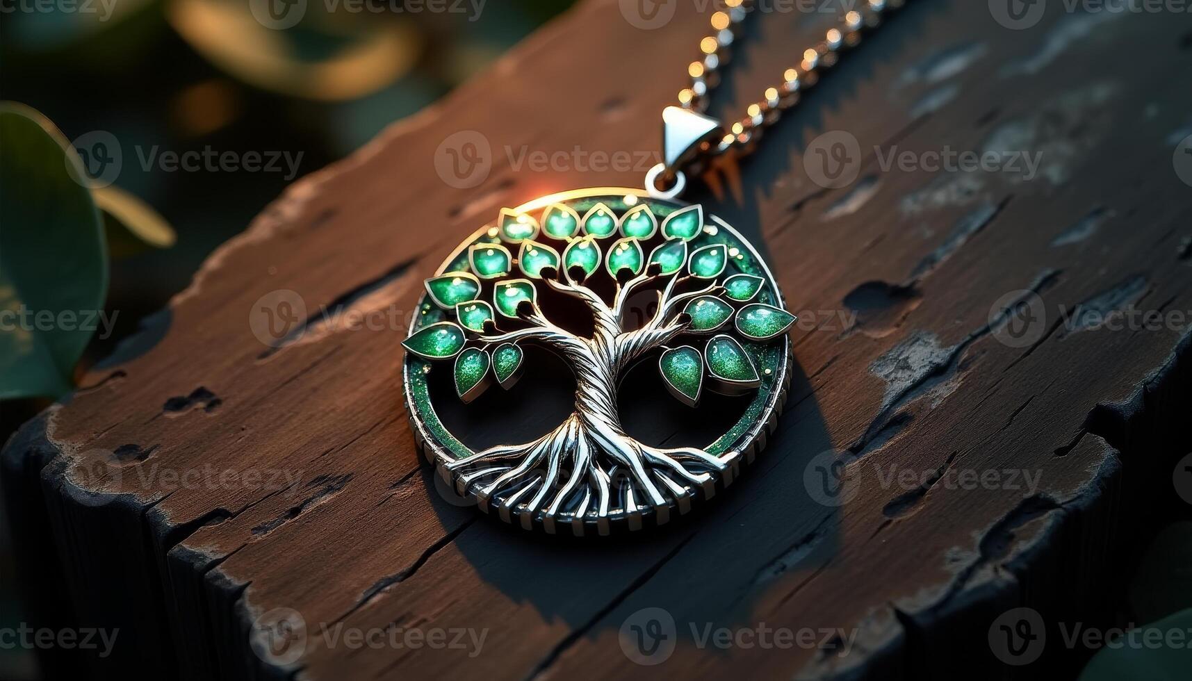 Unique tree of life pendant resting on rustic wooden surface bathed in sunlight photo