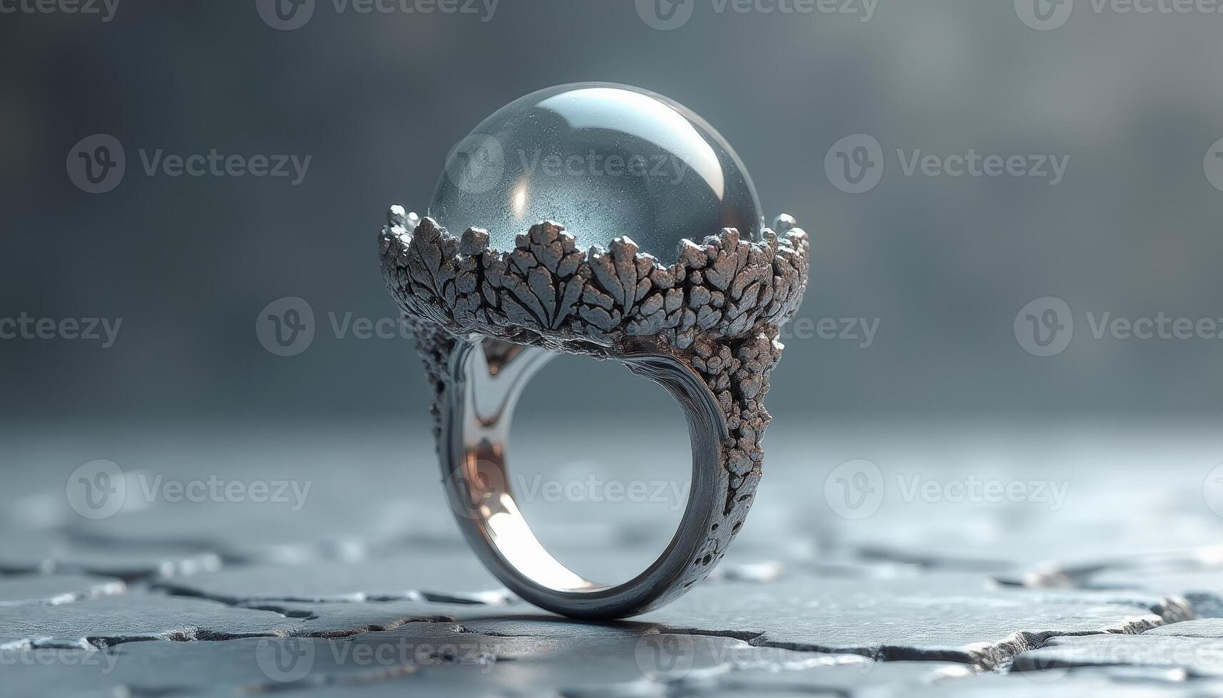 Unique ring design featuring a crystal orb and intricate metal details photo