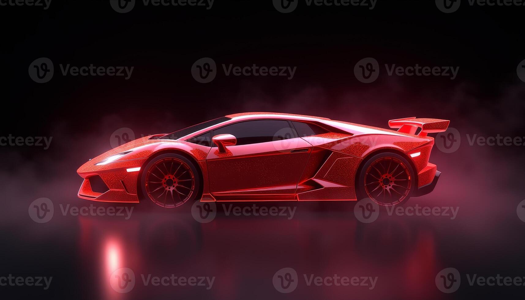 Red sports car on display in a dramatic fog-filled environment photo