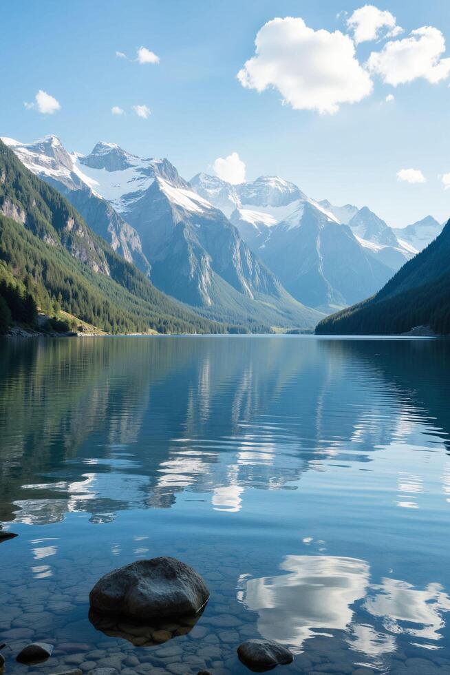Serene Mountain Lake with Reflection and Cloudy Sky in Nature photo