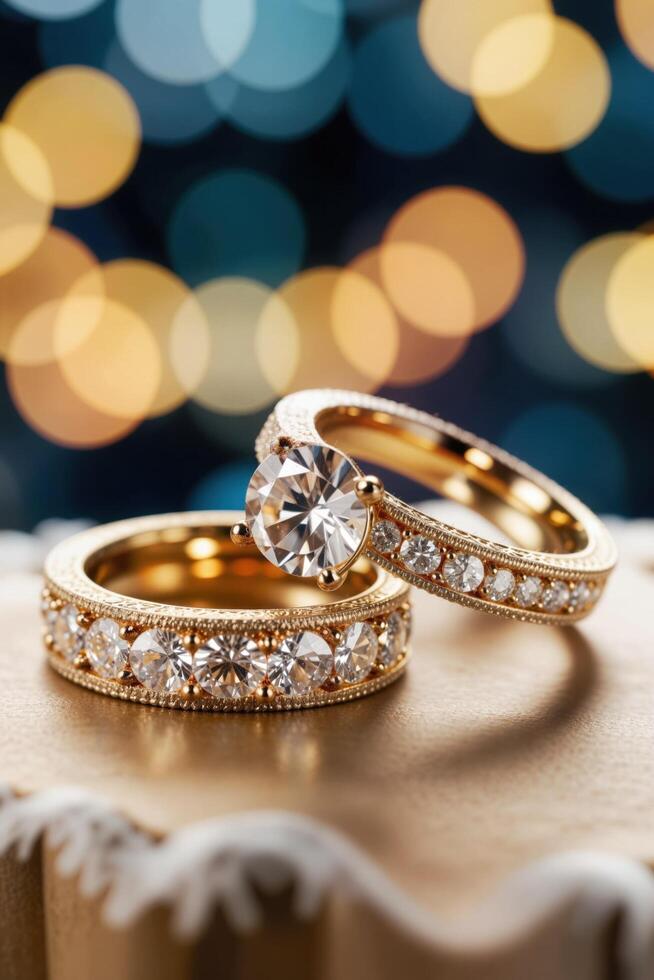 Elegant Gold Wedding Rings with Sparkling Diamonds on Wooden Surface photo