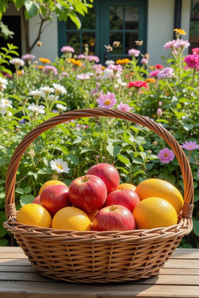 Fresh Apples and Oranges in Woven Basket with Colorful Flowers photo