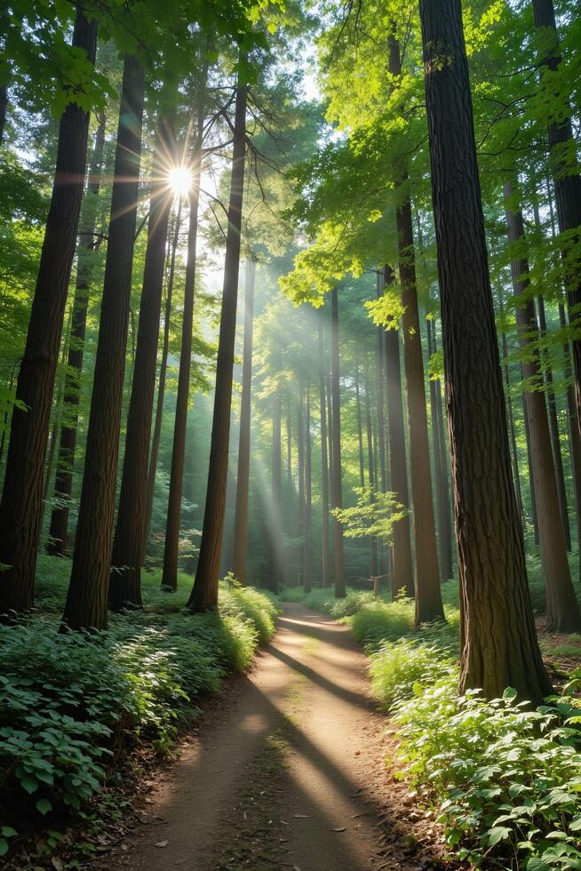 Sun Rays Illuminating Path Through Serene Forest at Sunrise photo