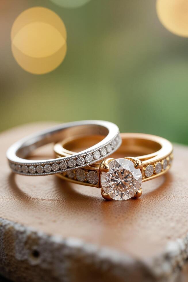 Elegant Gold Diamond Engagement and Wedding Ring Set on Wood Surface photo
