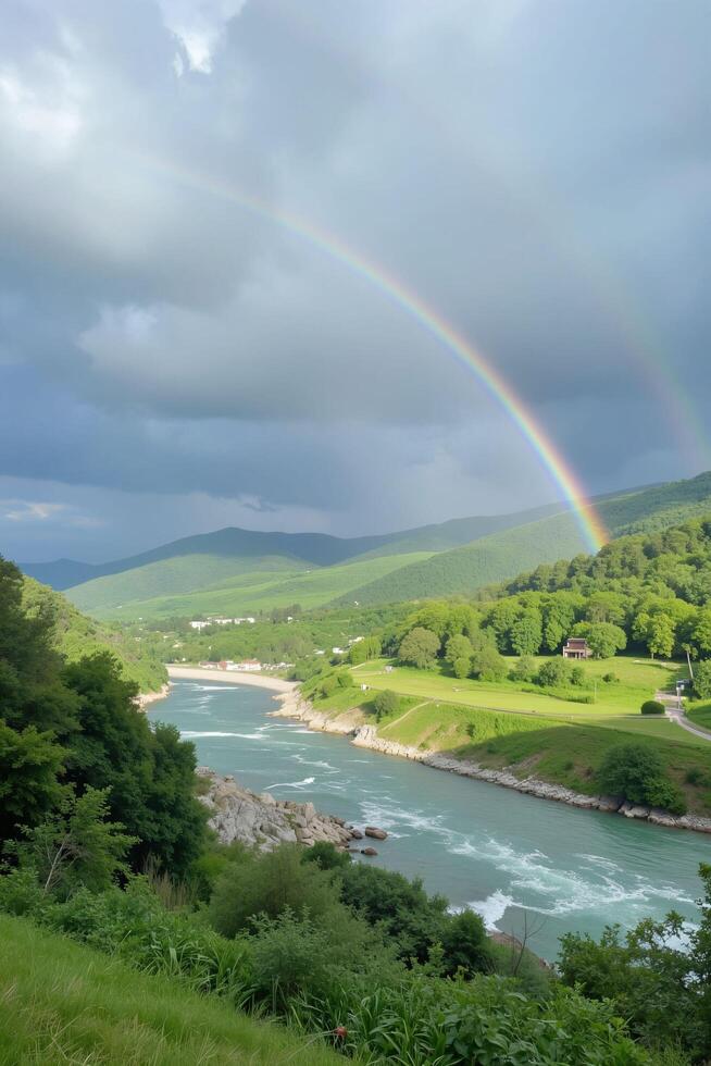 Scenic View of Green Hills and River with Rainbow in Blue Sky photo