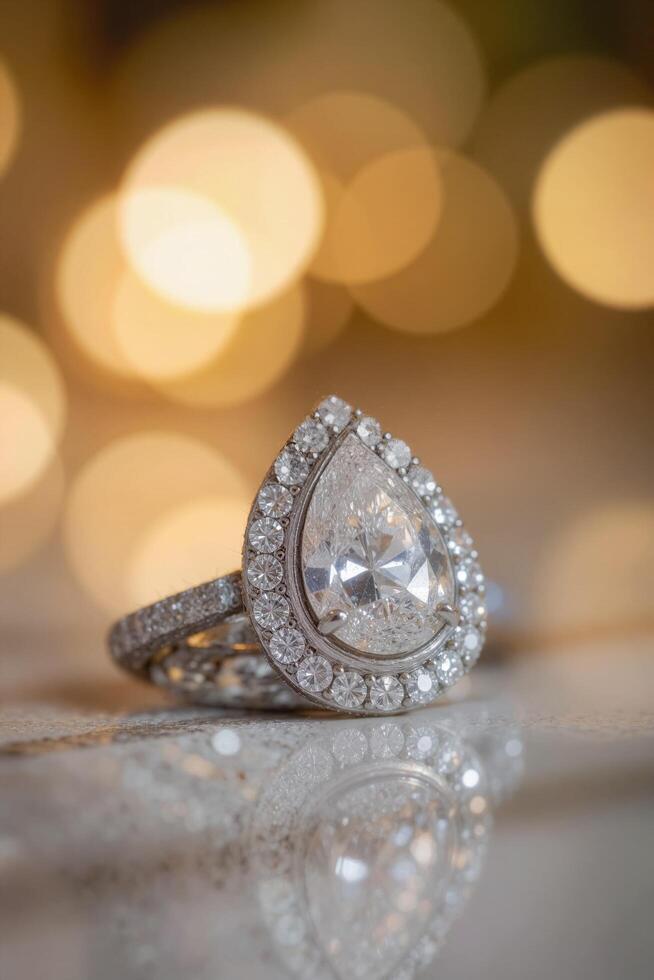 Elegant Teardrop Diamond Ring with Sparkling Bokeh Background photo