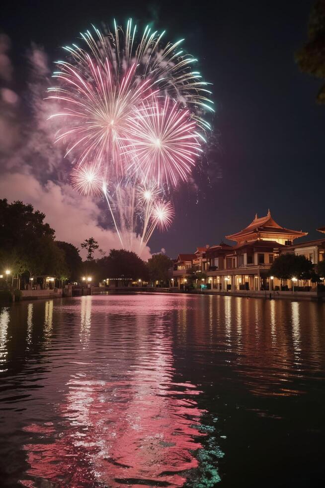 Colorful Fireworks Illuminating Water and Traditional Architecture at Night photo