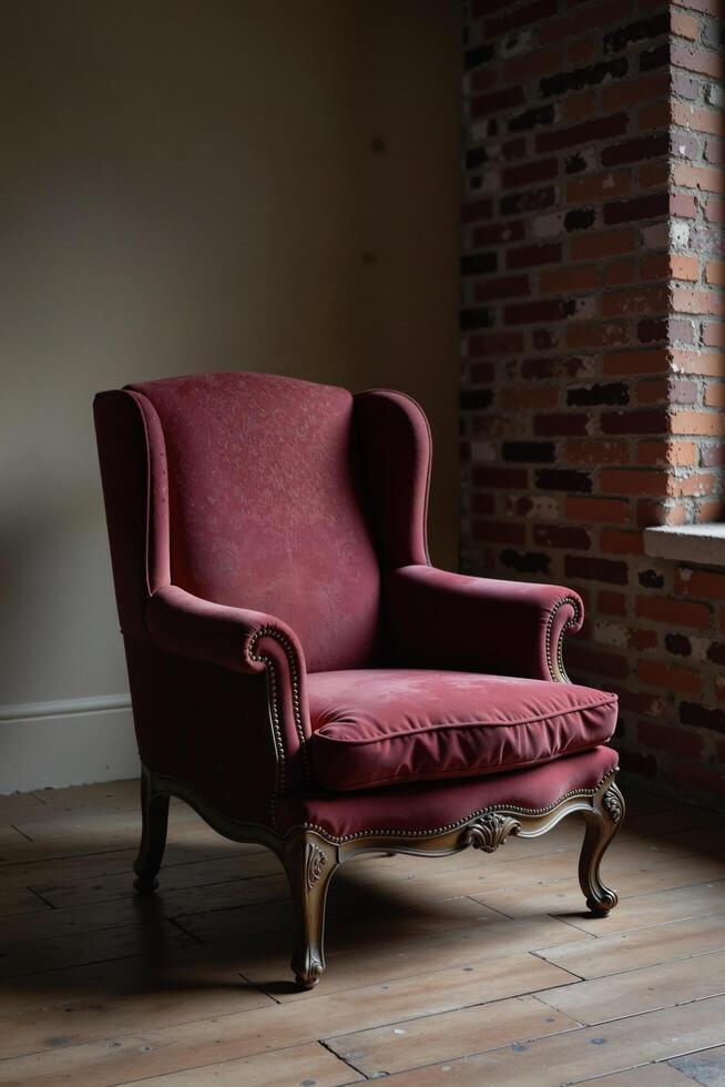 Vintage Red Upholstered Wingback Chair in an Empty Room photo