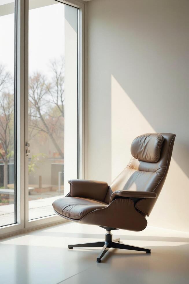 Modern Leather Armchair in Bright Sunlit Room with Large Window photo