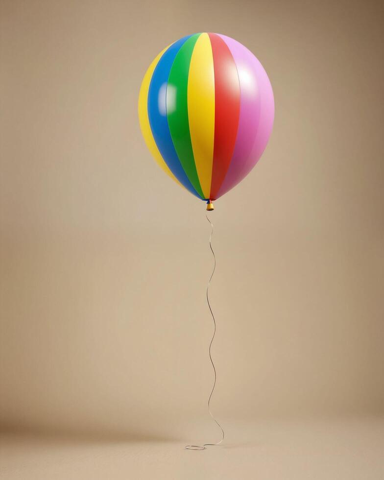 Colorful Balloon with Multiple Stripes Floating Against Neutral Background photo