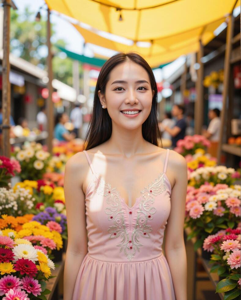 Young Woman Smiling Amid Colorful Flowers at Vibrant Market Scene photo