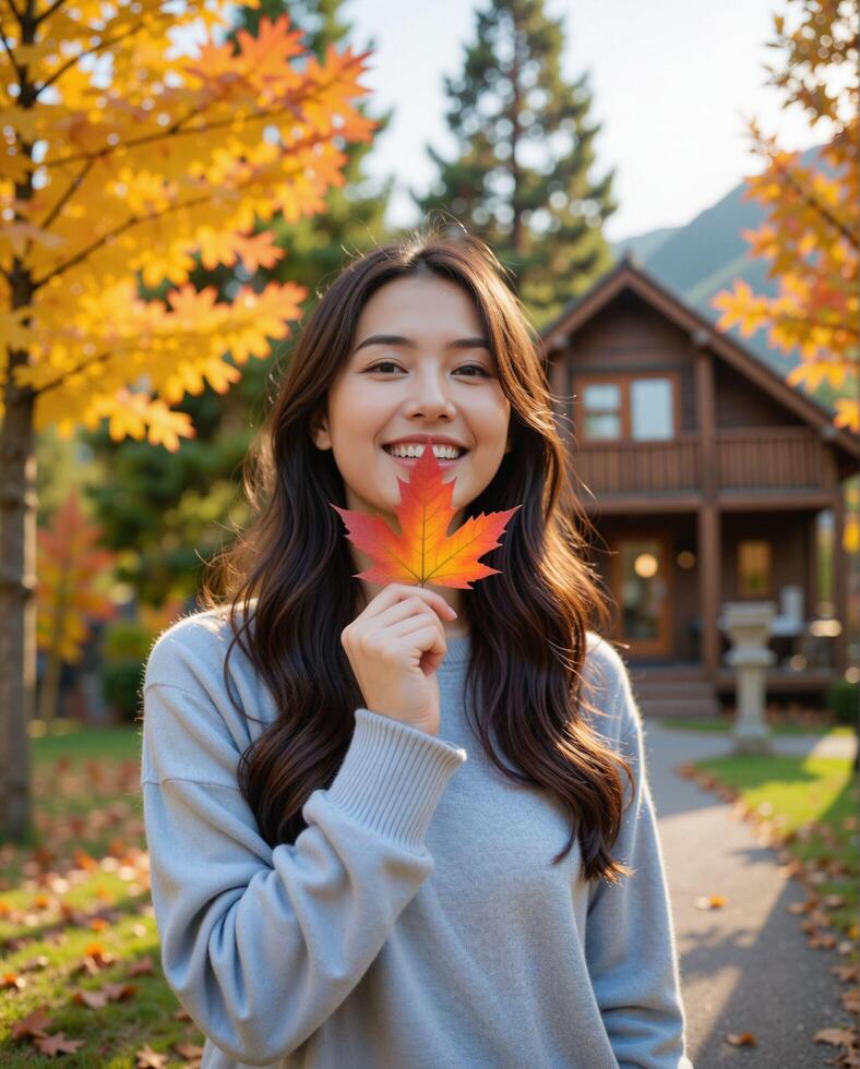 Young Woman Smiling with Autumn Leaf in Beautiful Fall Setting photo