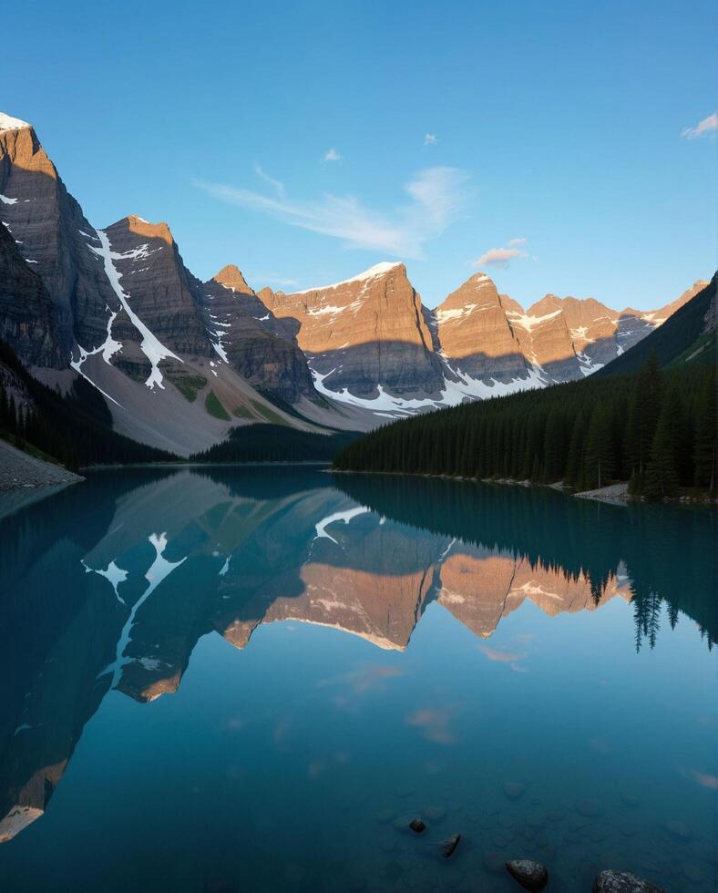 Serene Mountain Reflection in Calm Lake During Clear Blue Sky photo