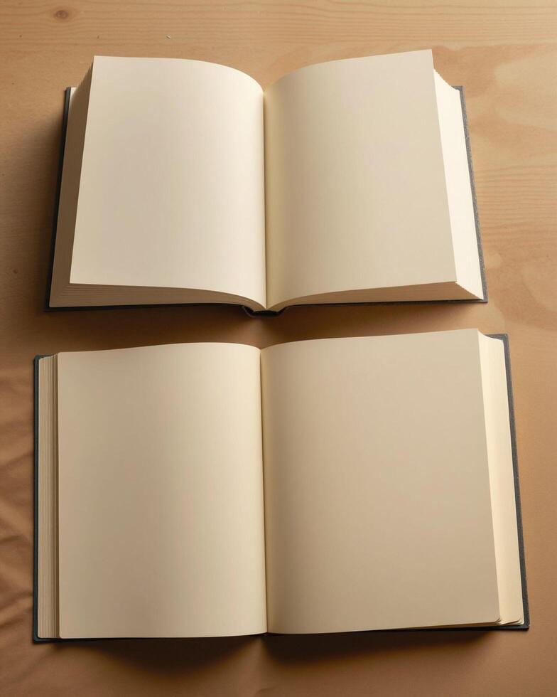 Two Empty Blank Books with Open Pages on Wooden Background photo