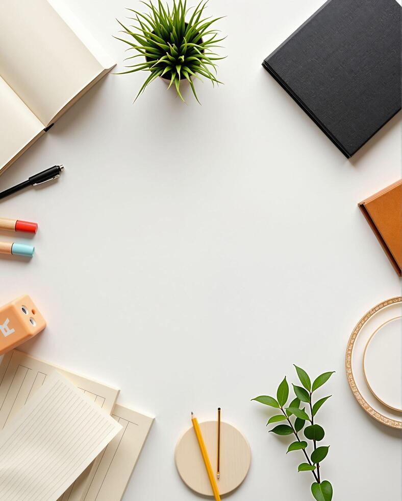 Minimalist Desk Flat Lay with Stationery and Greenery Elements photo