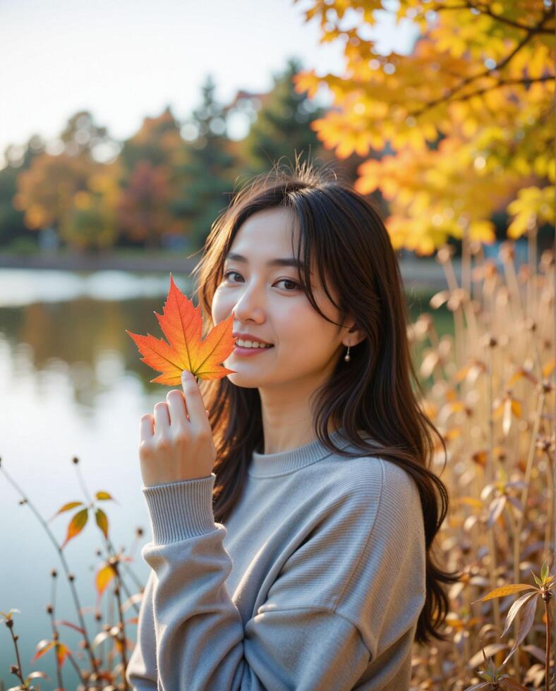 Young Woman Holding Autumn Leaf Near Scenic Lake in Nature photo