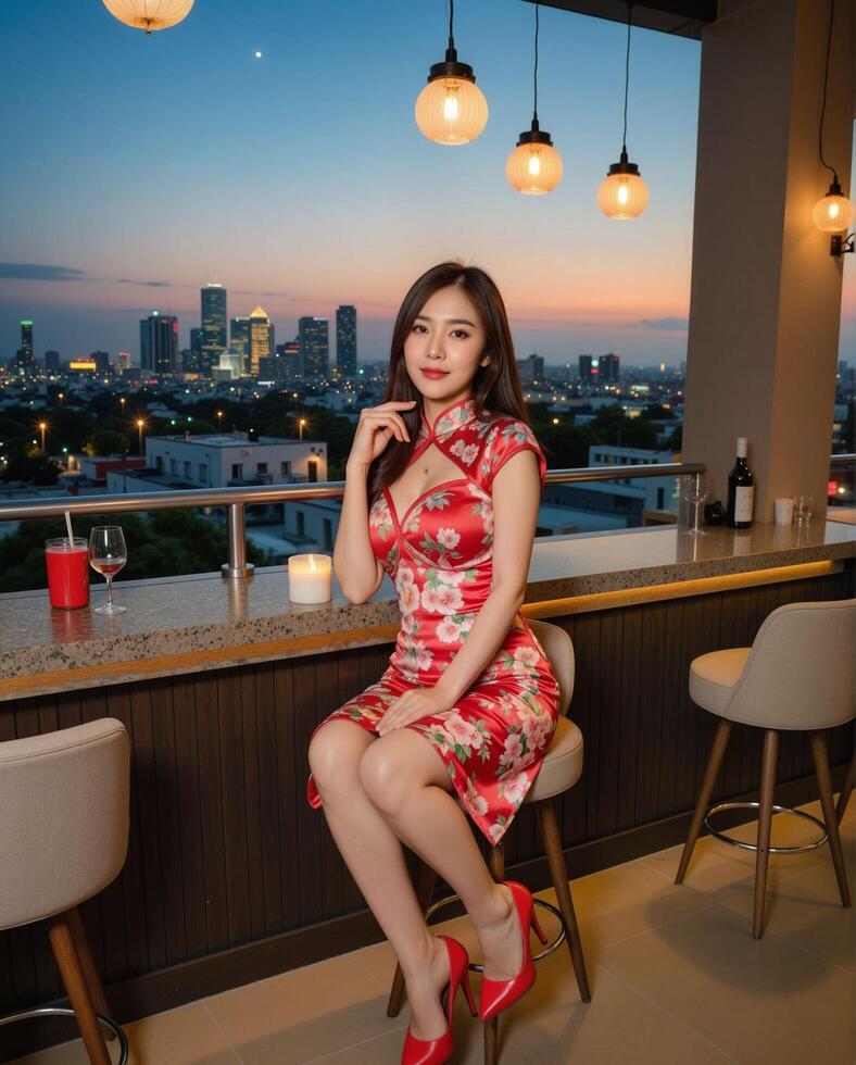 Elegant Woman in Floral Dress against City Skyline at Sunset photo