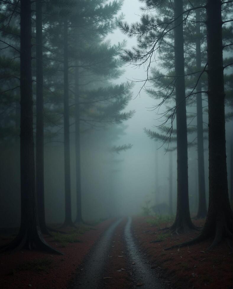 Misty Forest Pathway Surrounded by Tall Trees in Morning Fog photo