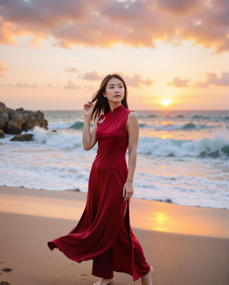 Graceful Woman in Red Dress Standing on Beach at Sunset photo