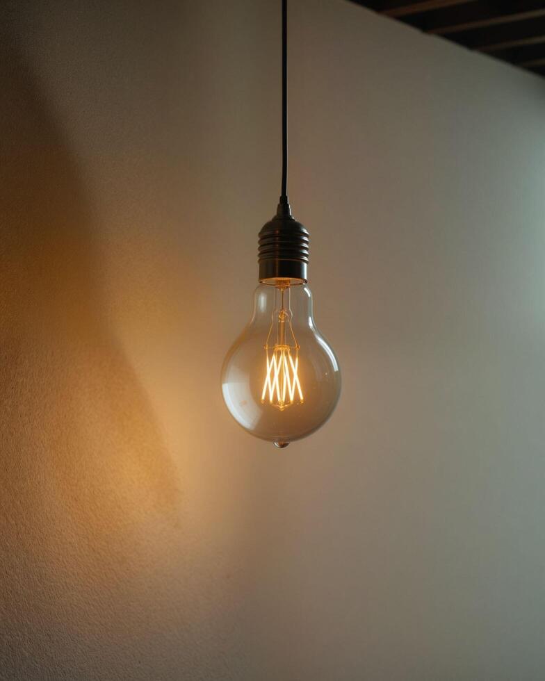 Vintage Light Bulb Hanging from Ceiling with Warm Glow and Shadow photo