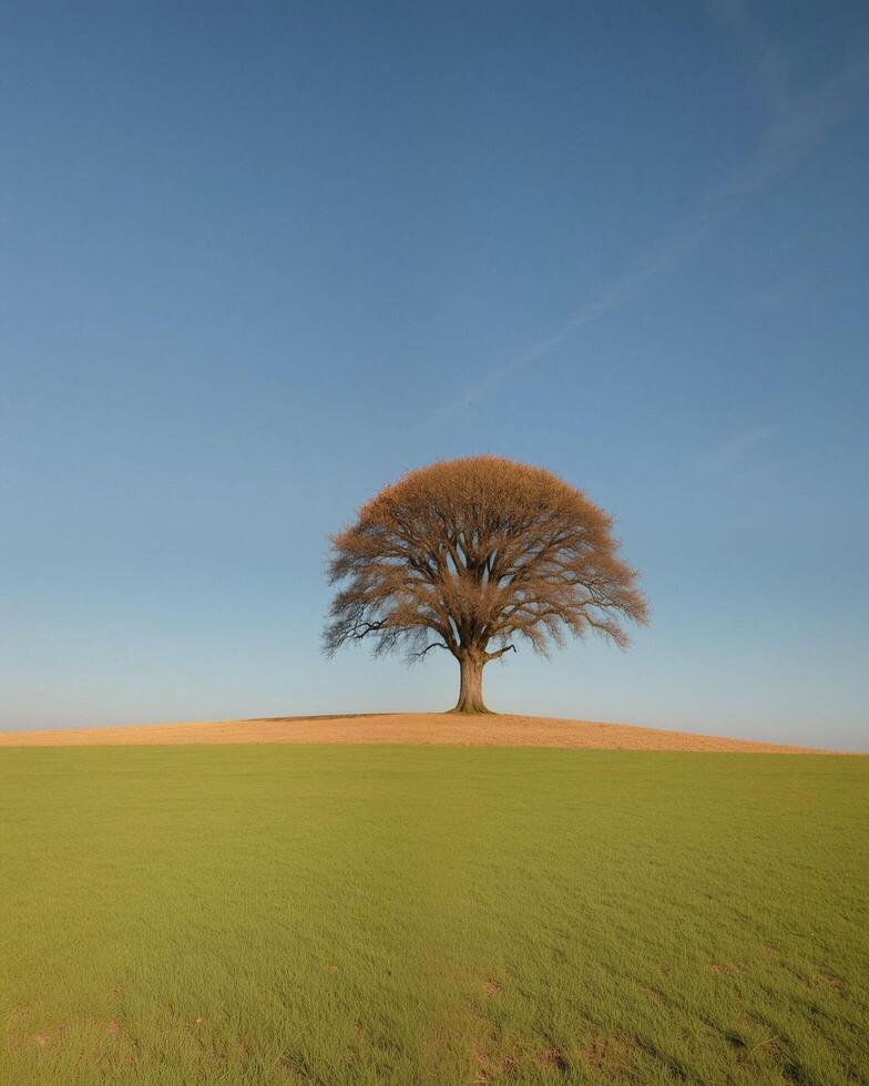 Majestic solitary tree atop a gentle hill under clear blue sky photo